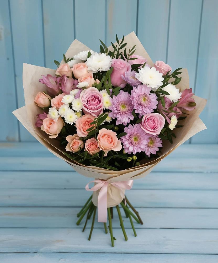 Букет цветов из: Хризантемы, Розы и Альстромерии в Новокручининске