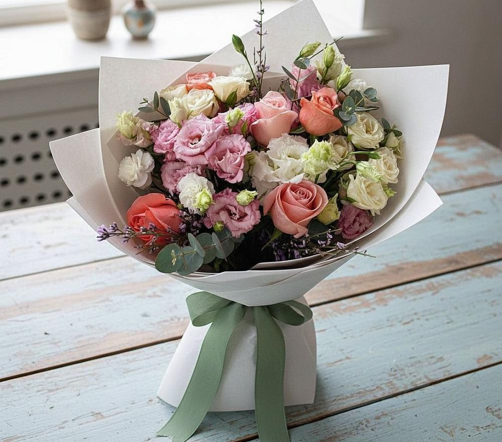 Букет цветов из: Розы, Лизиантусы и Гвоздики в Новокручининске