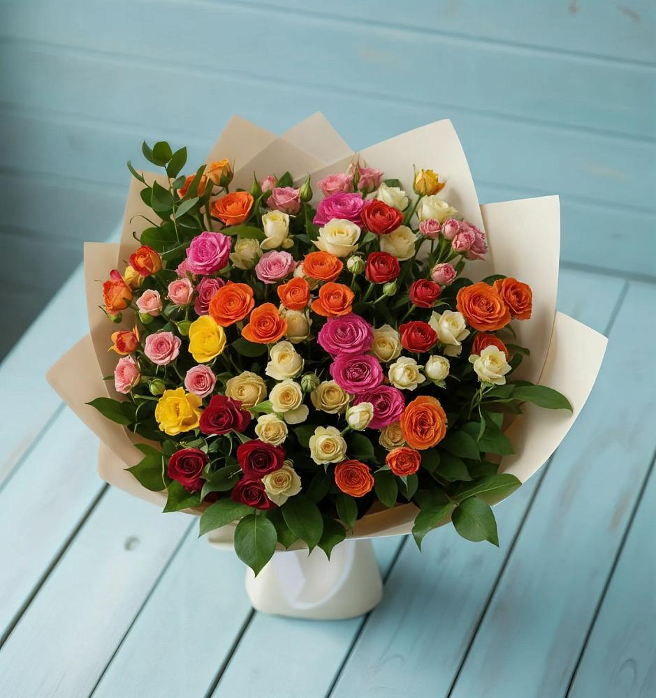 Букет Микс из разноцветных кустовых роз в Новокручининске