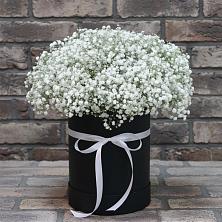 Цветочная композиция из Гипсофила в шляпной коробке в Новокручининске