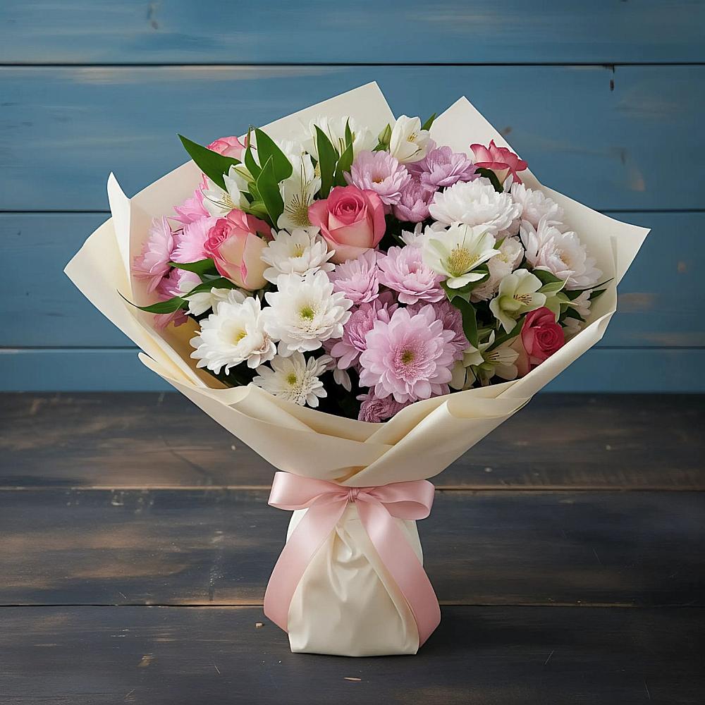 Букет цветов из: Хризантемы, Альстромерии и Розы в Новокручининске